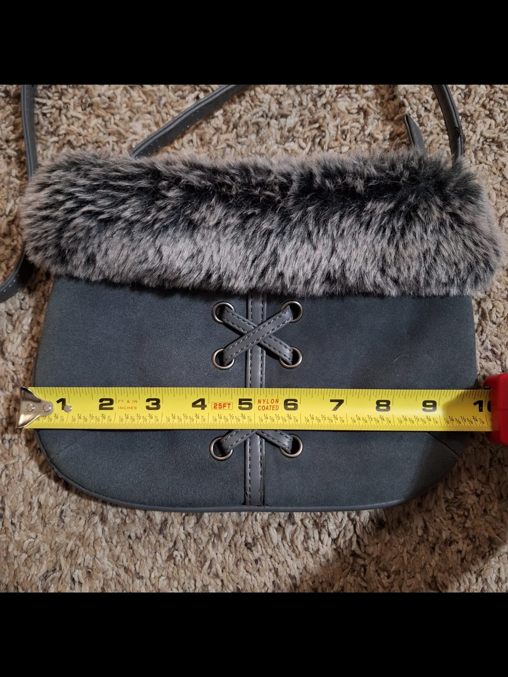 Sporto Y2K Grey Suede & Faux Fur Lace-Up Crossbody Bag